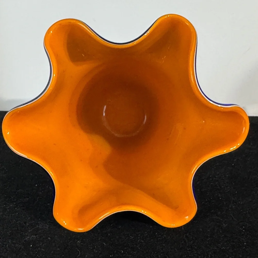 Gorgeous Handblown Art Glass Cobalt Blue And Orange Glass Hankerchief Vase.  5”